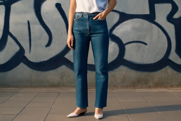 mulher usando calça jeans reta em um look urbano e despojado
